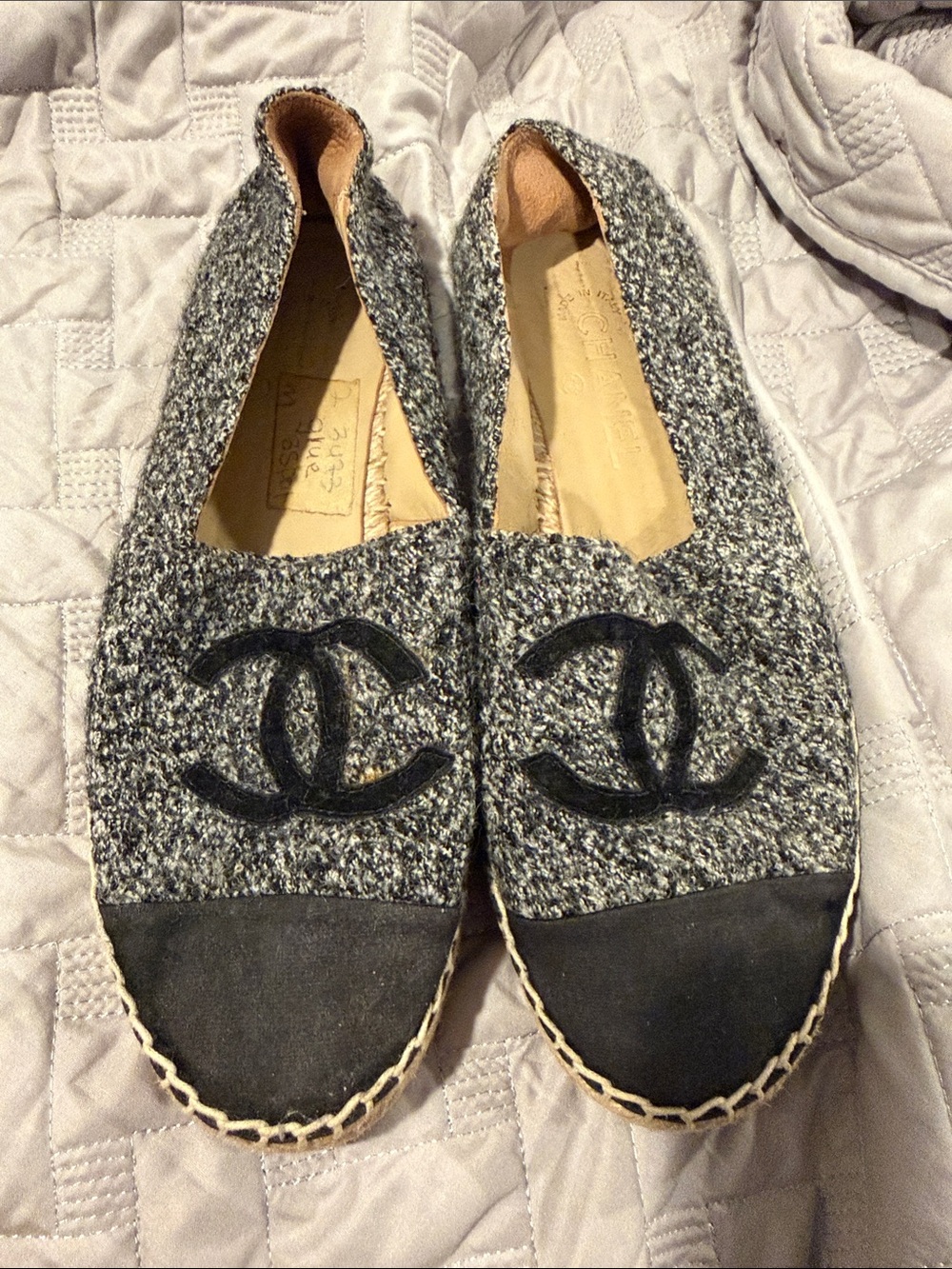 CHANEL Gray and Black Tweed Espadrille Flats with CC Logo